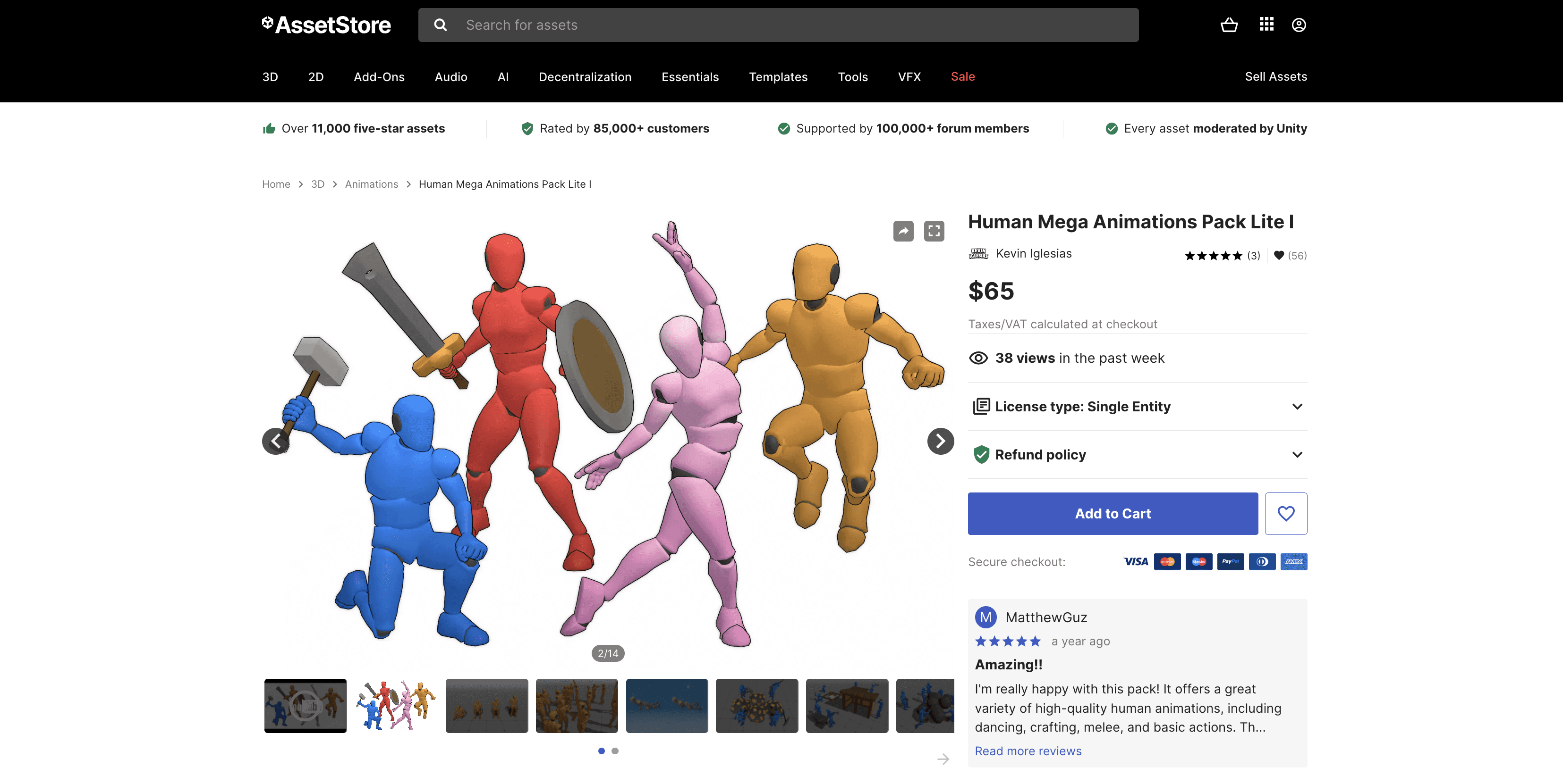 Unity Asset Store listing for Human Mega Animations Pack Lite I, featuring humanoid characters performing combat and movement animations.