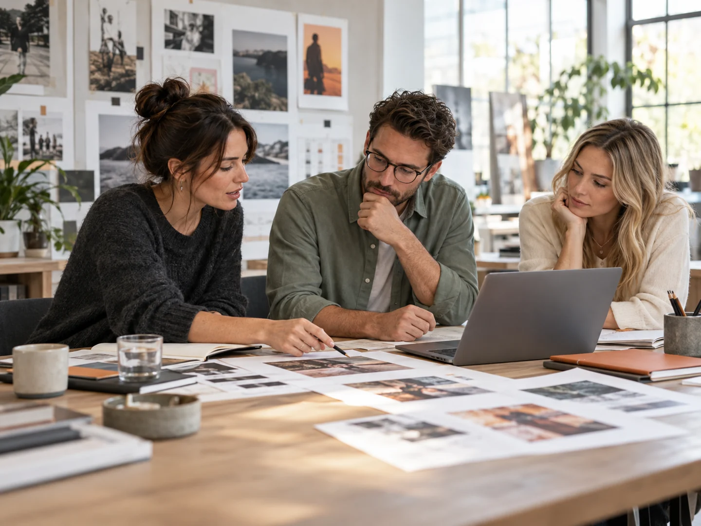 Media strategists reviewing editorial content and campaign materials around a studio table.