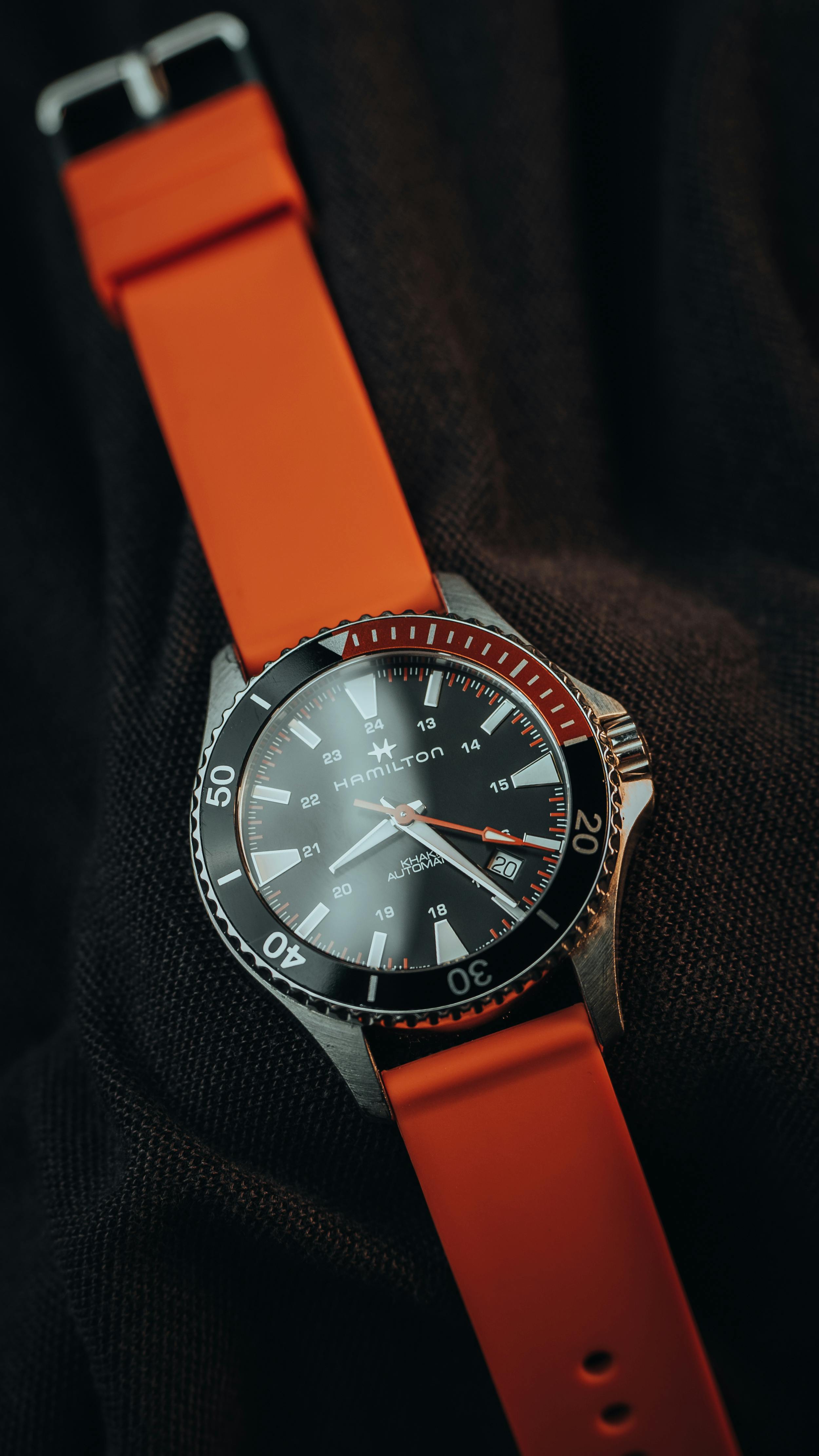 Hamilton automatic watch with orange rubber strap