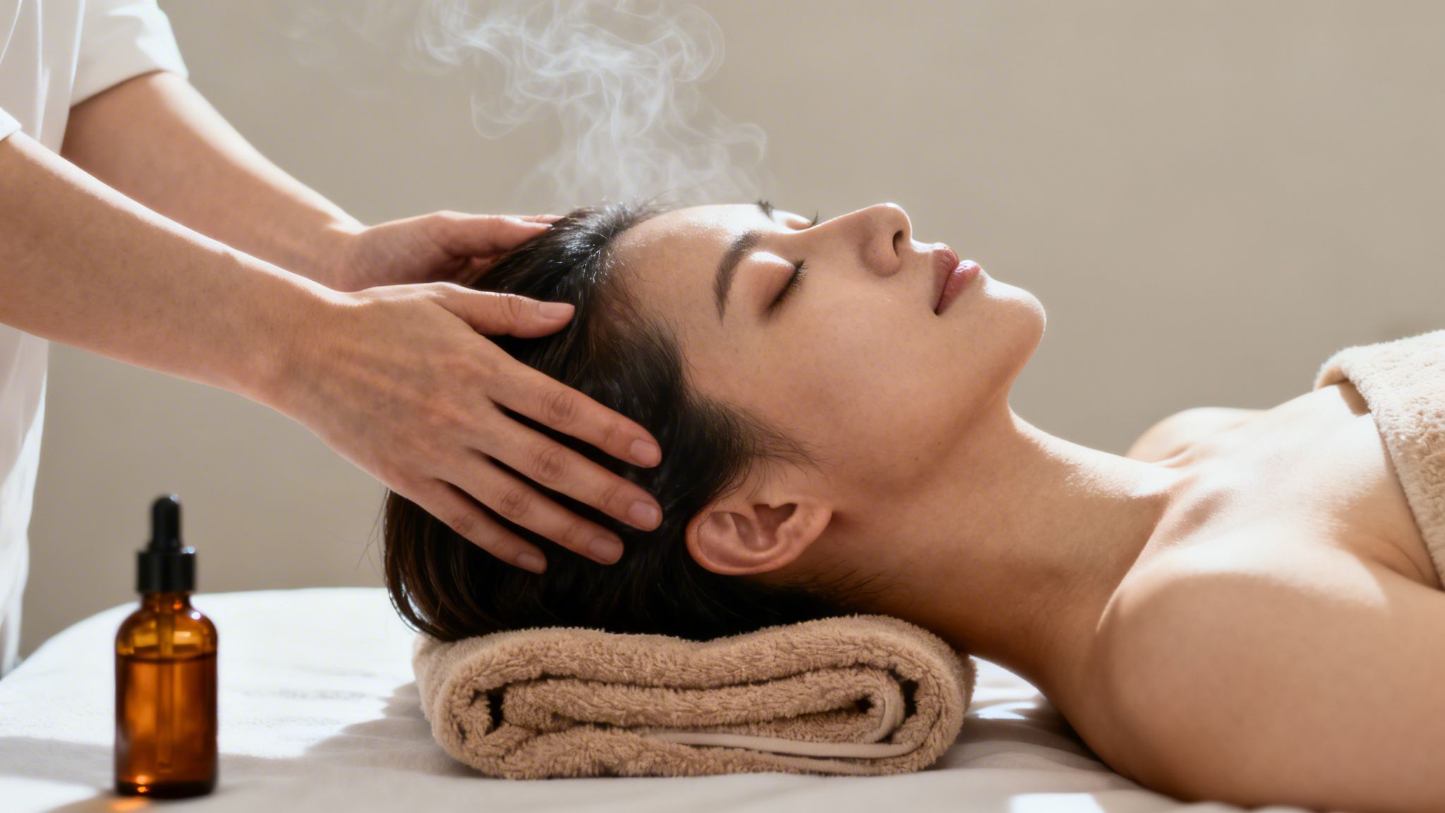 A woman receives a relaxing head massage with steam at a spa, with an essential oil bottle nearby.