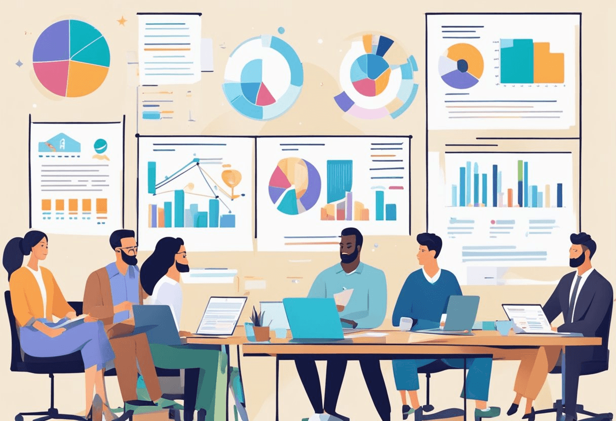 A group of HR professionals strategizing FTE recruitment, surrounded by charts and graphs, discussing insights and strategies