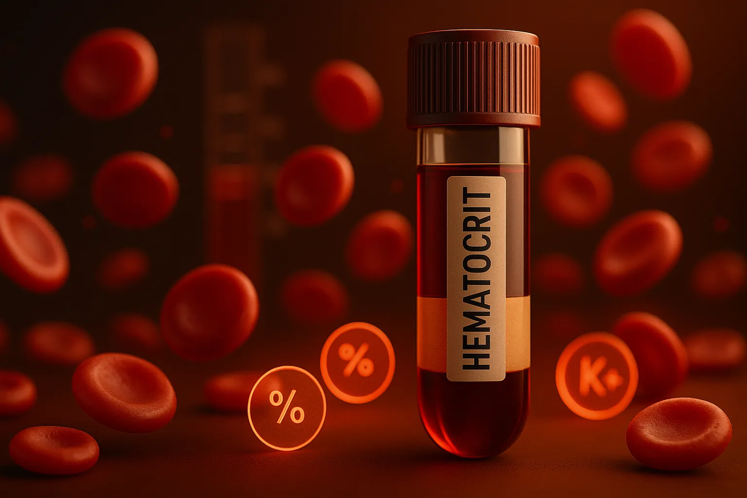 Blood tube labeled hematocrit with layered red cells surrounded by floating red blood cells and glowing percent symbols