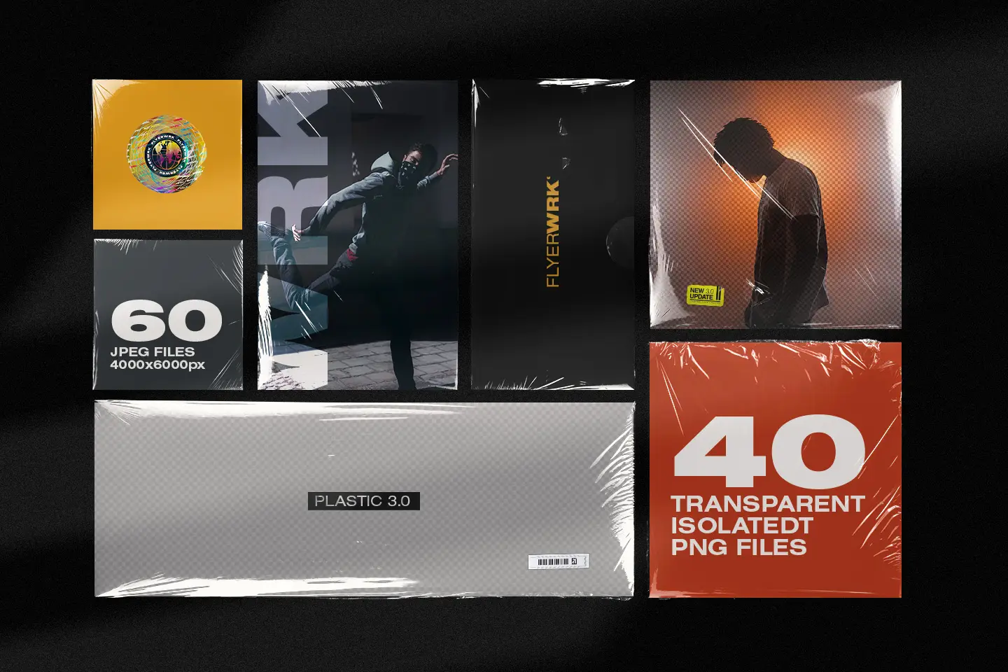 Plastic wrap textures collection showing transparent PNG files and high resolution JPEG backgrounds for mockups