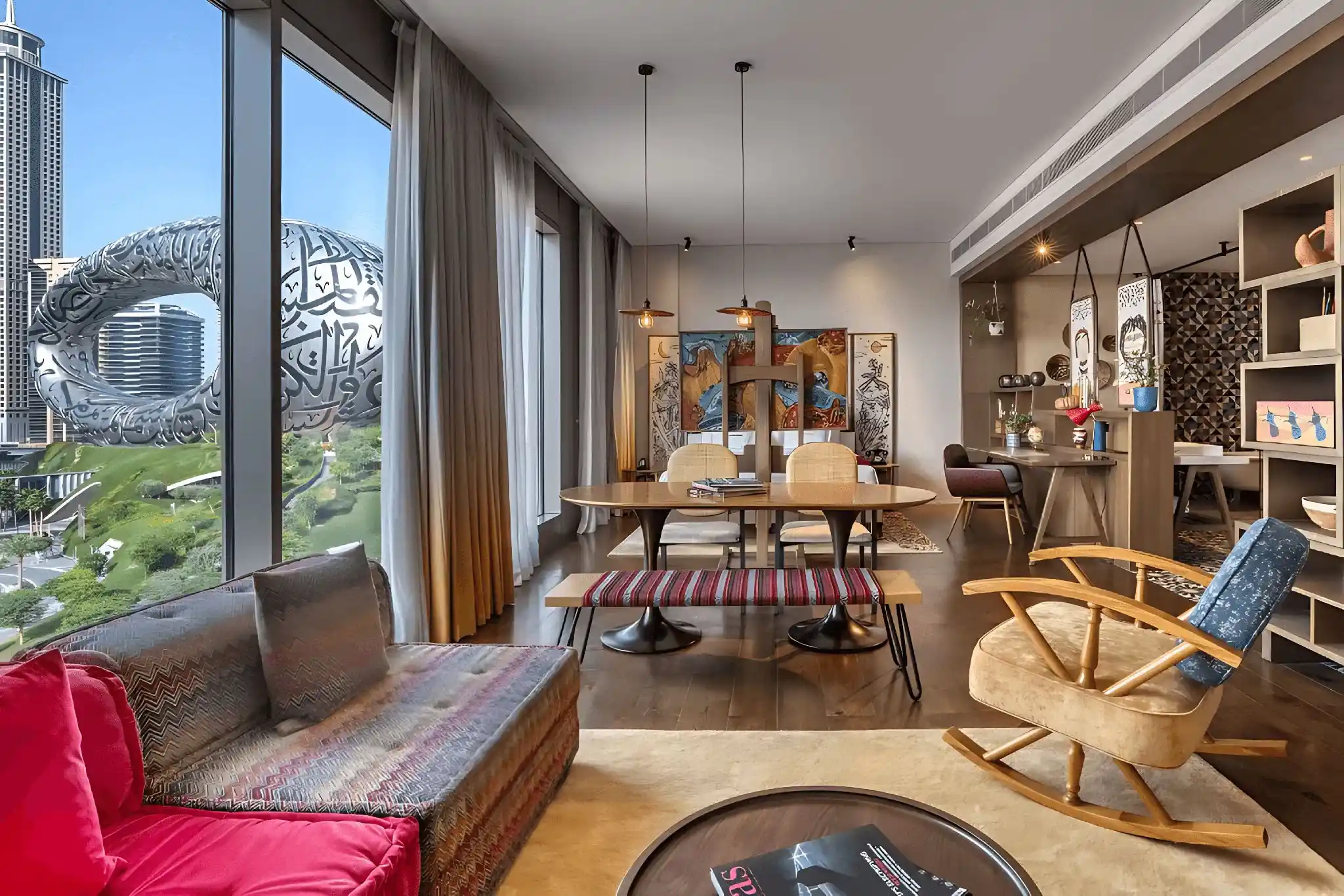 A guest room at 25hours Hotel One Central, a Dubai pet-friendly hotel with Bedouin-inspired rustic decor