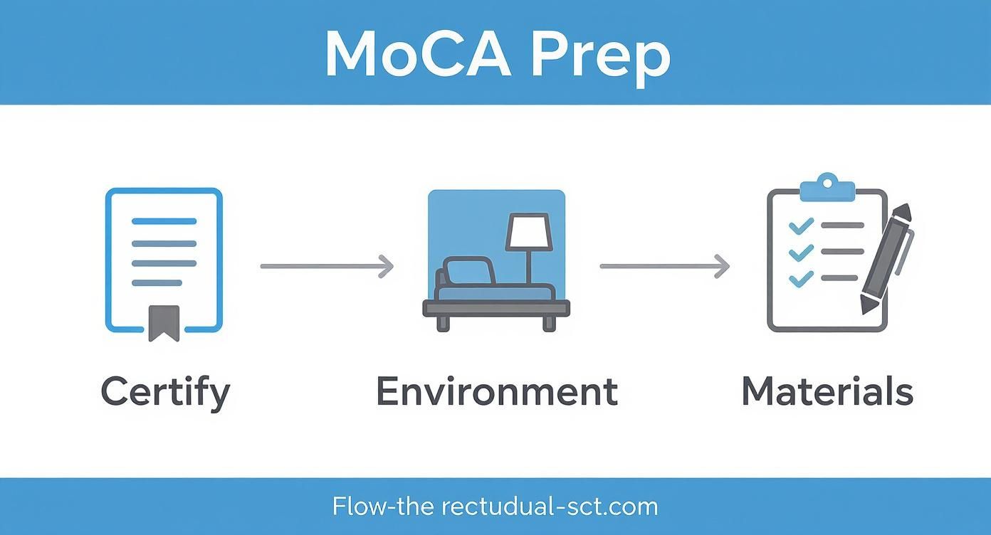 Flowchart illustrating MoCA preparation steps: Certify, Environment, and Materials, connected by arrows.