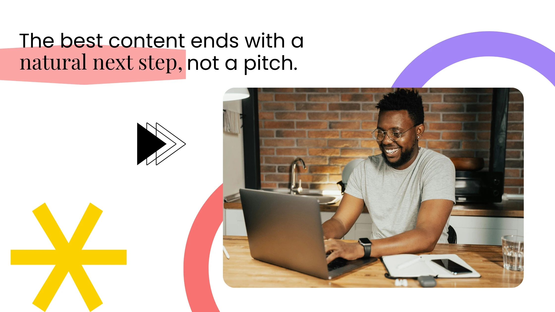 Coach smiling while working on a laptop at a desk, alongside text about content leading to a natural next step.