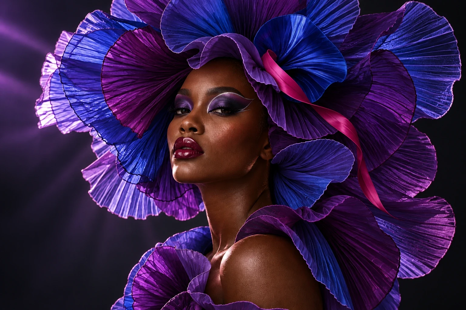 Portrait framed by sculptural violet and cobalt-blue petals with matching eye makeup