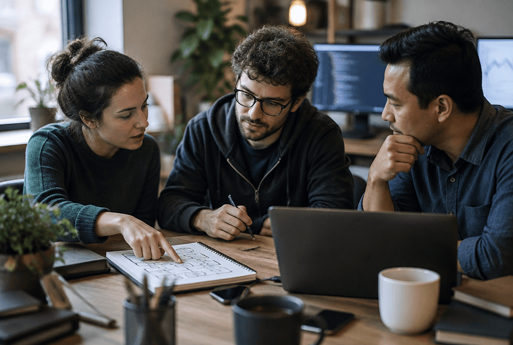 SEO specialist and web developer reviewing a site audit together at a desk