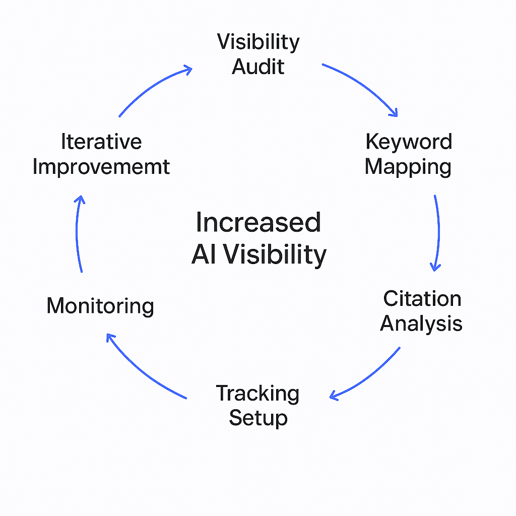 Circular flow diagram showing seven sequential steps for implementing GEO monitoring.