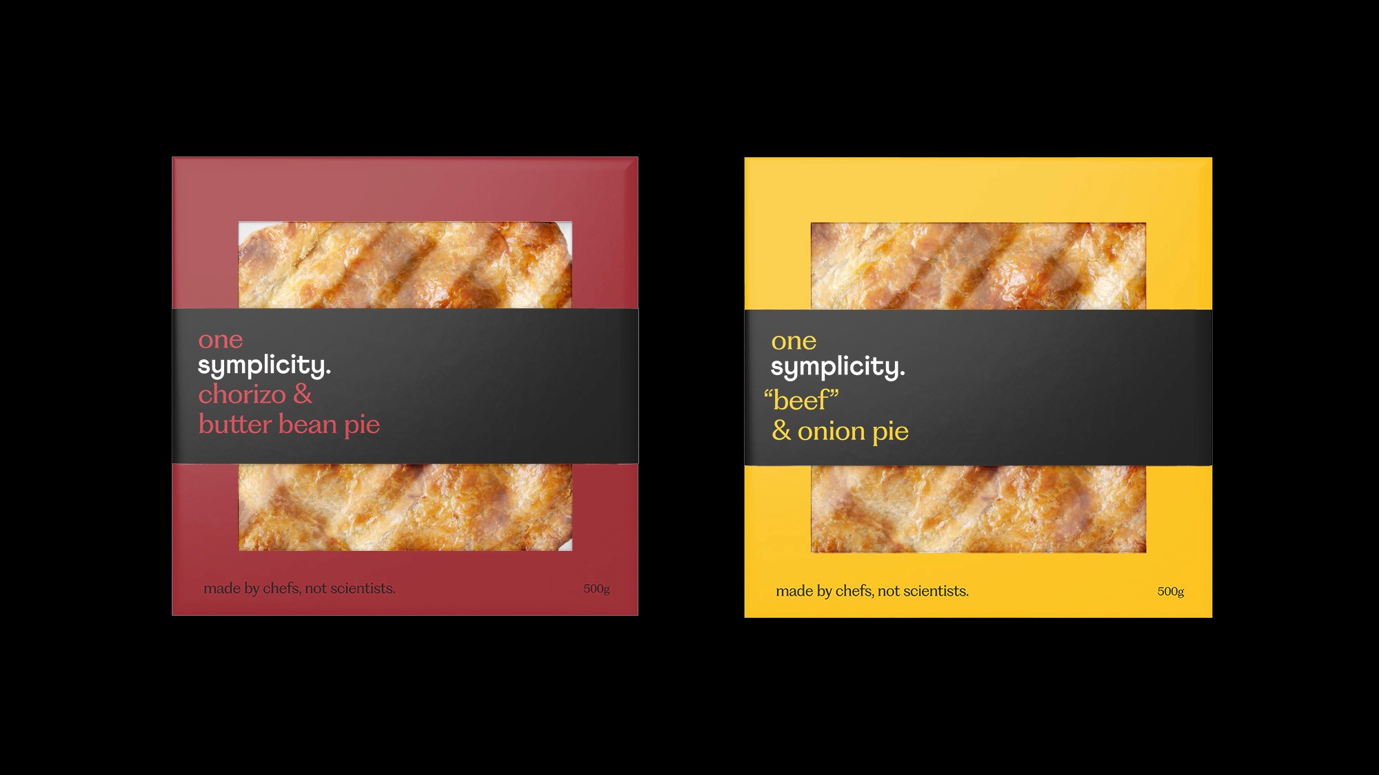 tipota design studio -two symplicity mock ups of pies. symplicity Chorizo and butter bean pie and "beef" and onion - symplicity branding