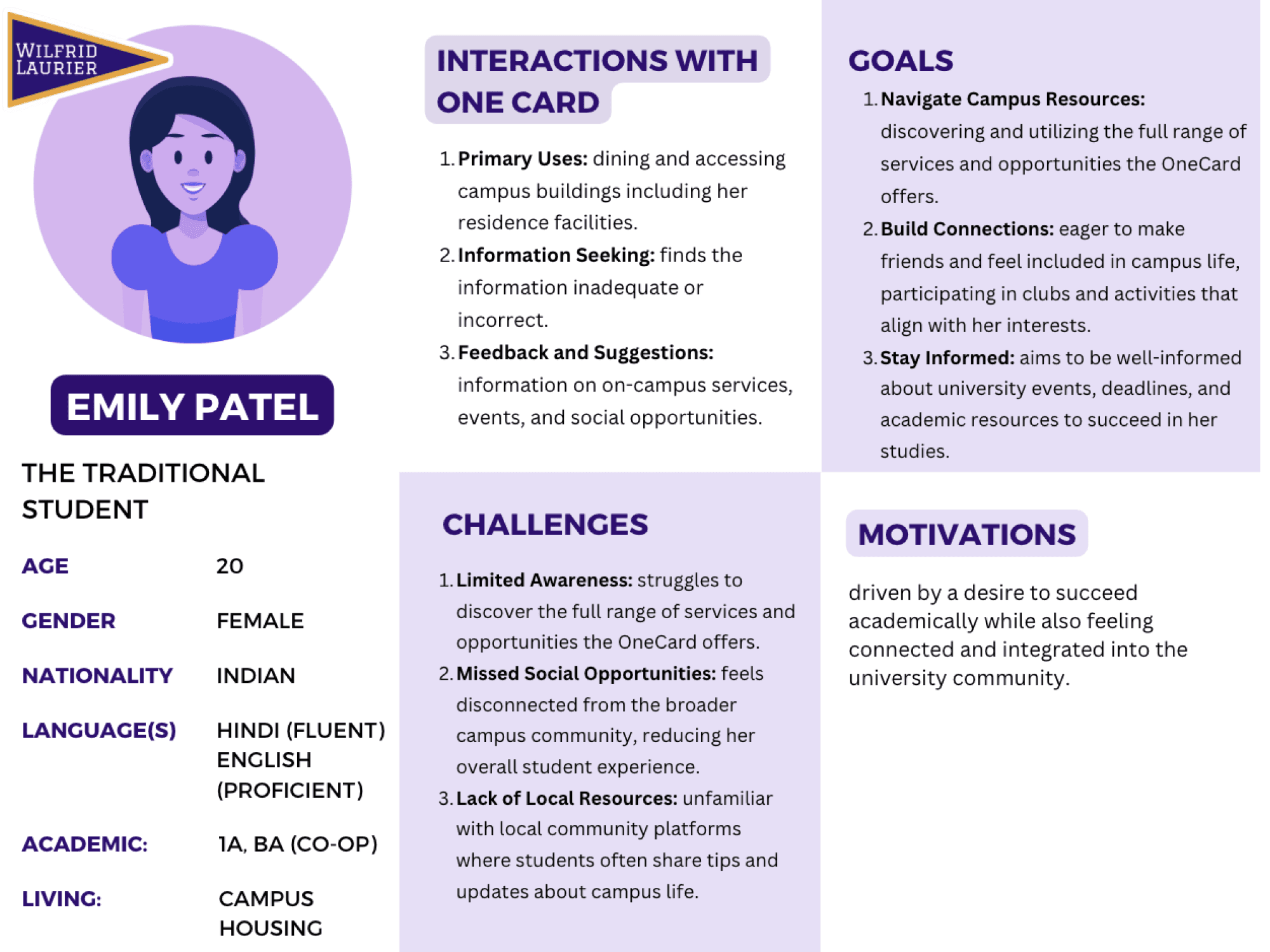 Persona: Emily, a traditional student, uses the OneCard to access buildings and facilities. Her goals include navigating the campus and accessing resources. Her challenges involve limited awareness of access information and the inability to spend time researching errors. Her motivation for using this service is to feel confident while accessing the campus.