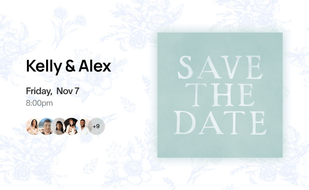 Save the date card for Kelly and Alex, featuring the date and celebratory design elements.