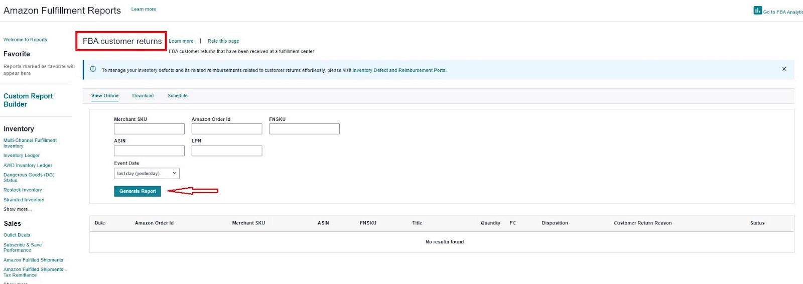FBA customer returns report in Seller Central