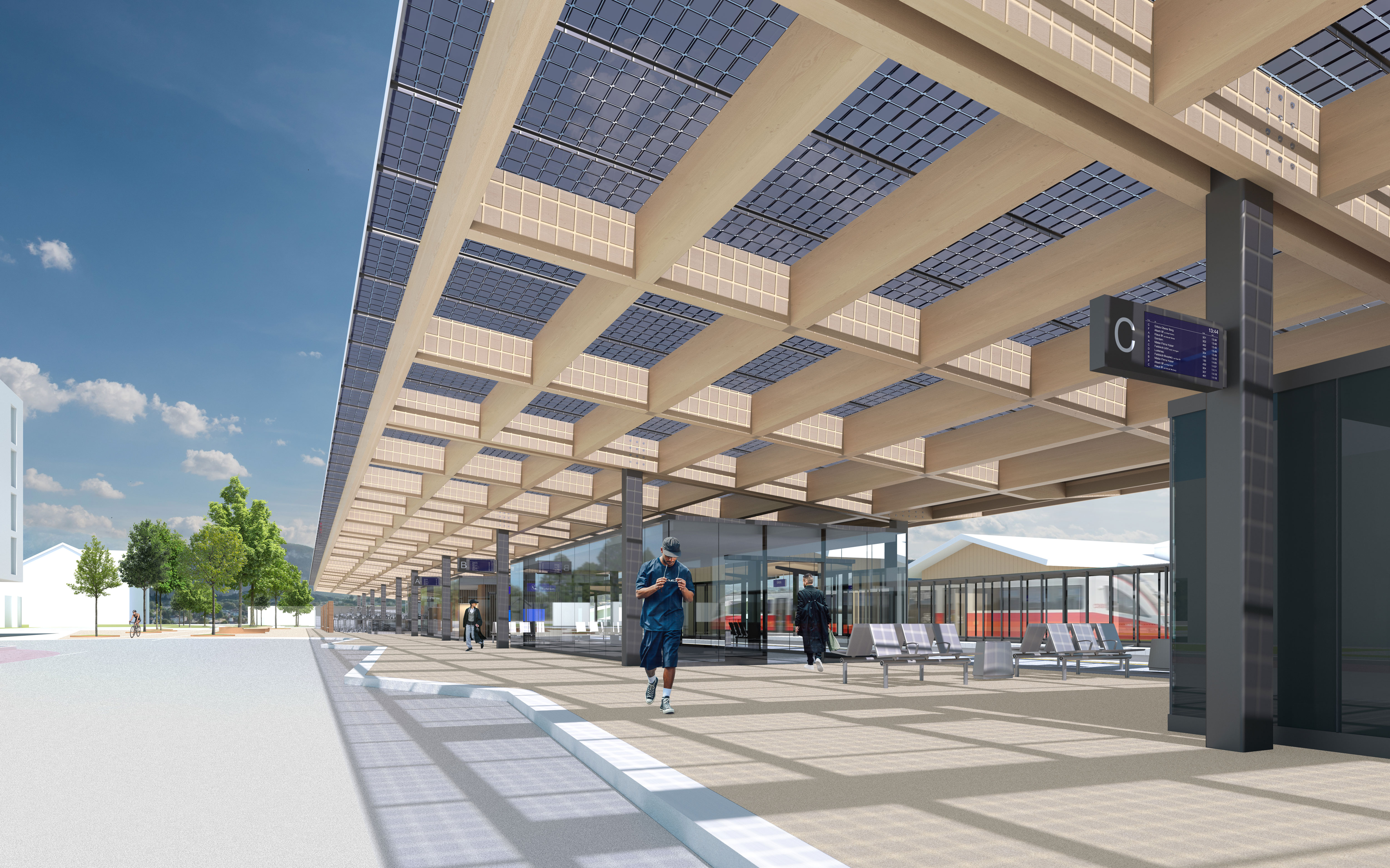 Großzügiger Hausbahnsteig mit weit auskragendem Holztragwerk und integrierter Photovoltaik, der klare Orientierung, Witterungsschutz und hohe Aufenthaltsqualität bietet.
