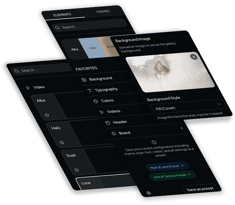 Vyredo customisation tools for adjusting gallery themes, typography, colours and branding.