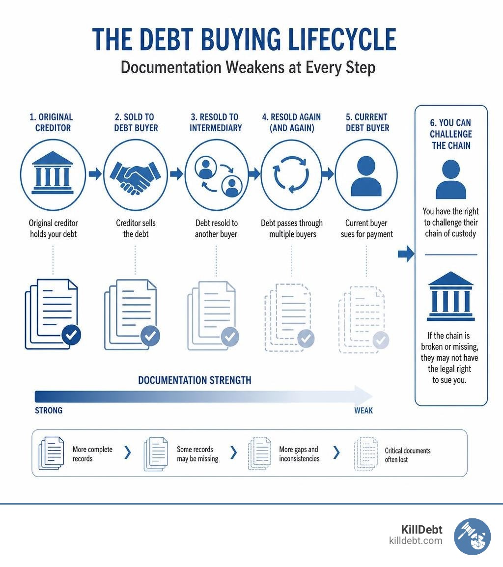 Debt buying lifecycle infographic: original creditor sells to debt buyer, resold through intermediaries, documentation