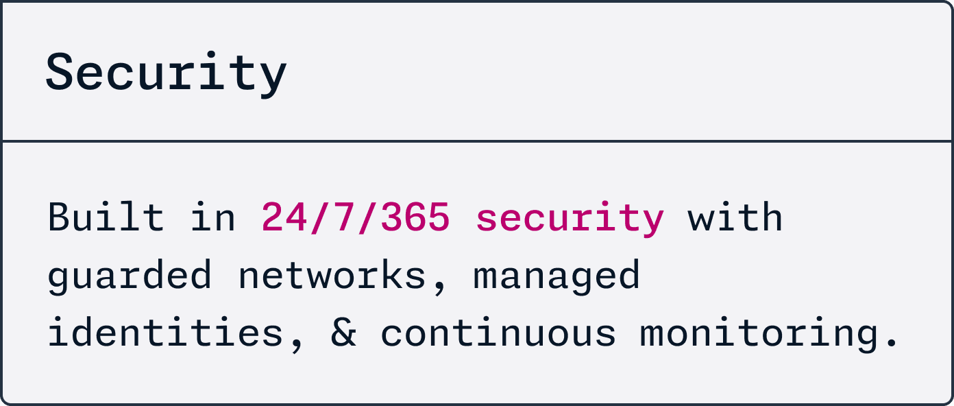 Security Built in 24/7/365 security with guarded networks, managed identities, & continuous monitoring.
