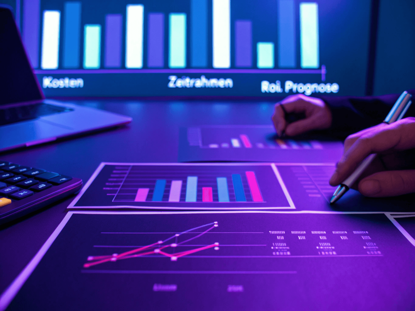 Hände ergänzen Projektplan und ROI-Analyse für KI-Projekt