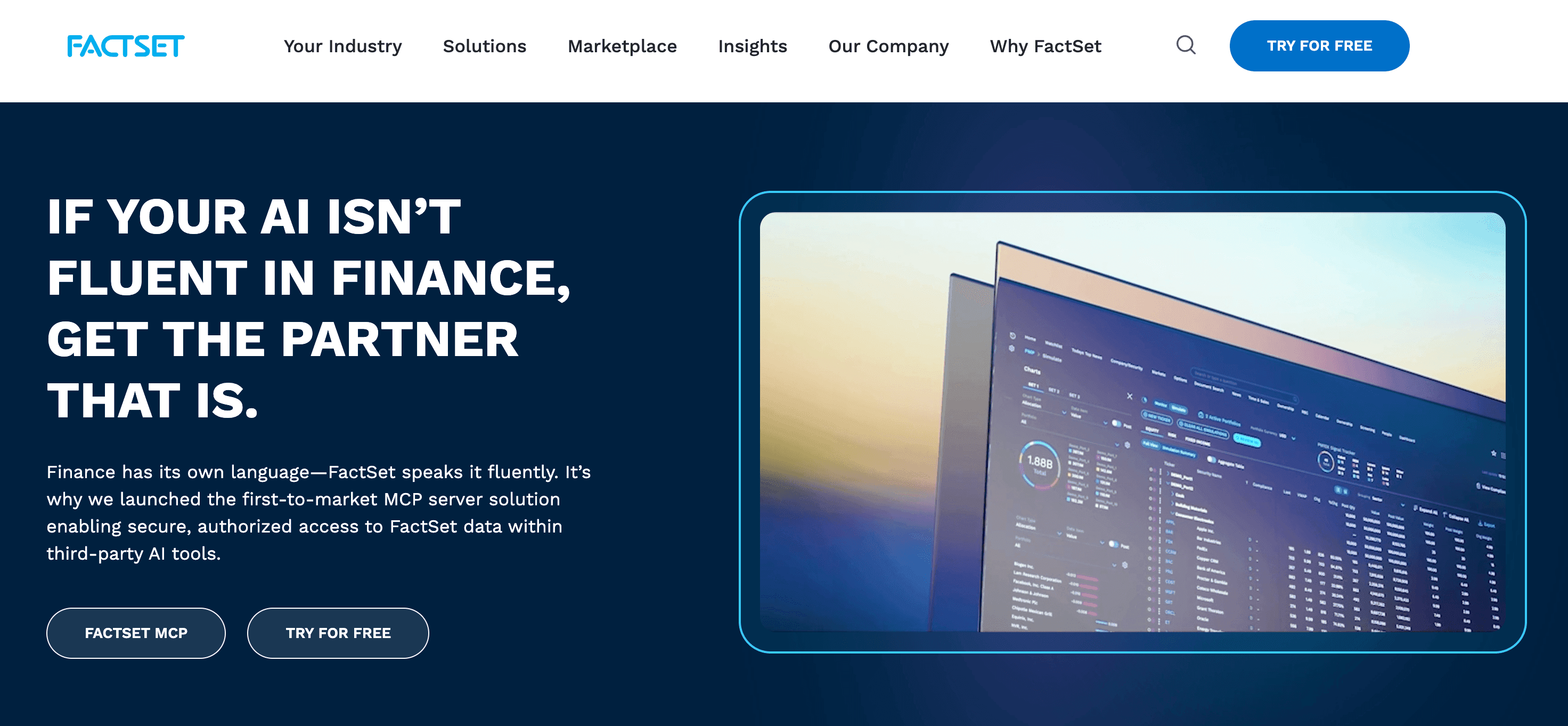 FactSet homepage featuring an AI-powered financial data dashboard for investment banking research and analysis