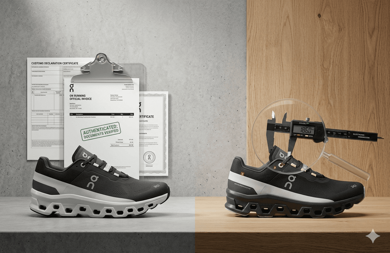 Two sneakers side-by-side: one with shipping documents, the other being measured by calipers.