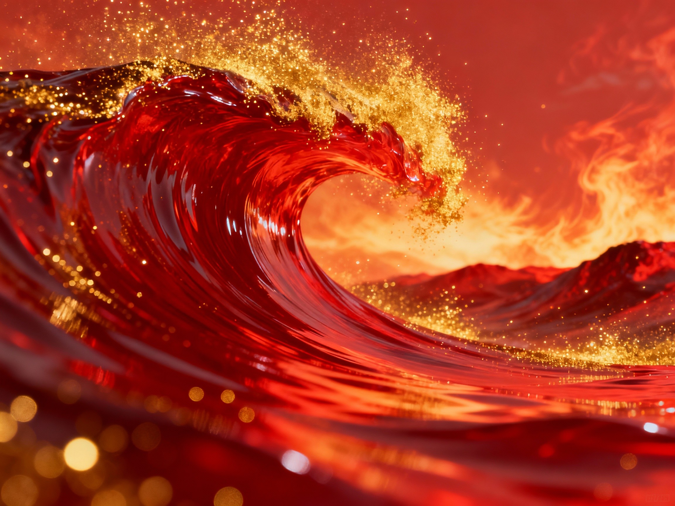 An expansive wide-angle view of a minimalist modern bedroom featuring a bold red geometric wallpaper