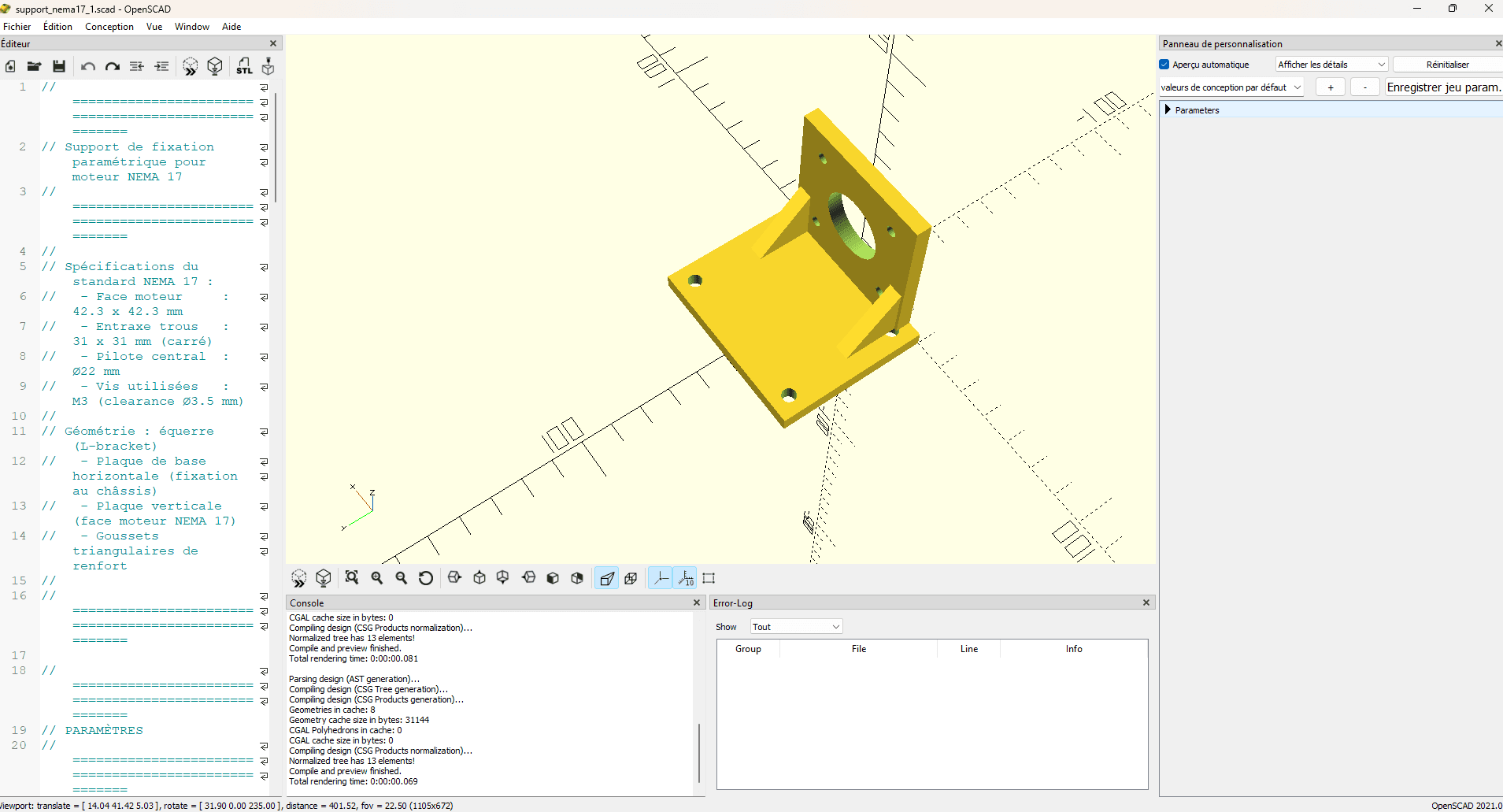 OpenSCAD interface rendering a yellow 3D parametric L-bracket mount for a NEMA 17 motor, featuring reinforced triangular gussets, alongside the source code and console panels.