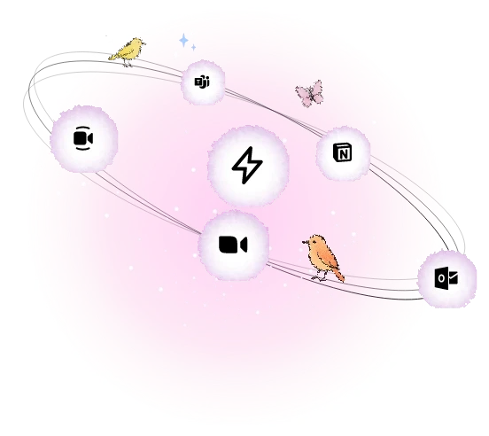 Illustration of a pink circle with fluffy cloud-like orbs featuring various tech icons connected by lines, accompanied by small birds and a butterfly, evoking a whimsical and digital theme.