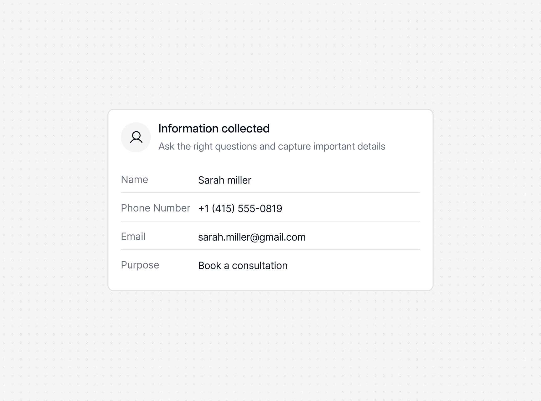 Dialbird AI collecting the caller’s name, phone number, email, and booking purpose during the call.