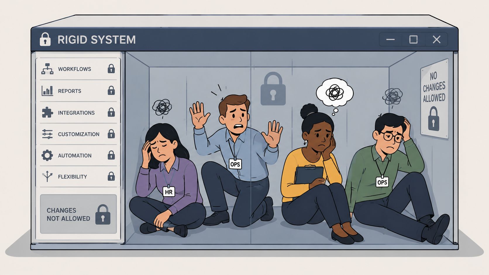 A digital illustration showing unhappy employees trapped inside a rigid software system with locked features and restrictions.