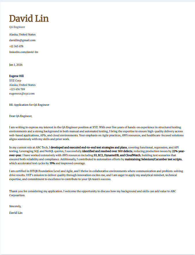 Sample cover letter for QA/Test engineer