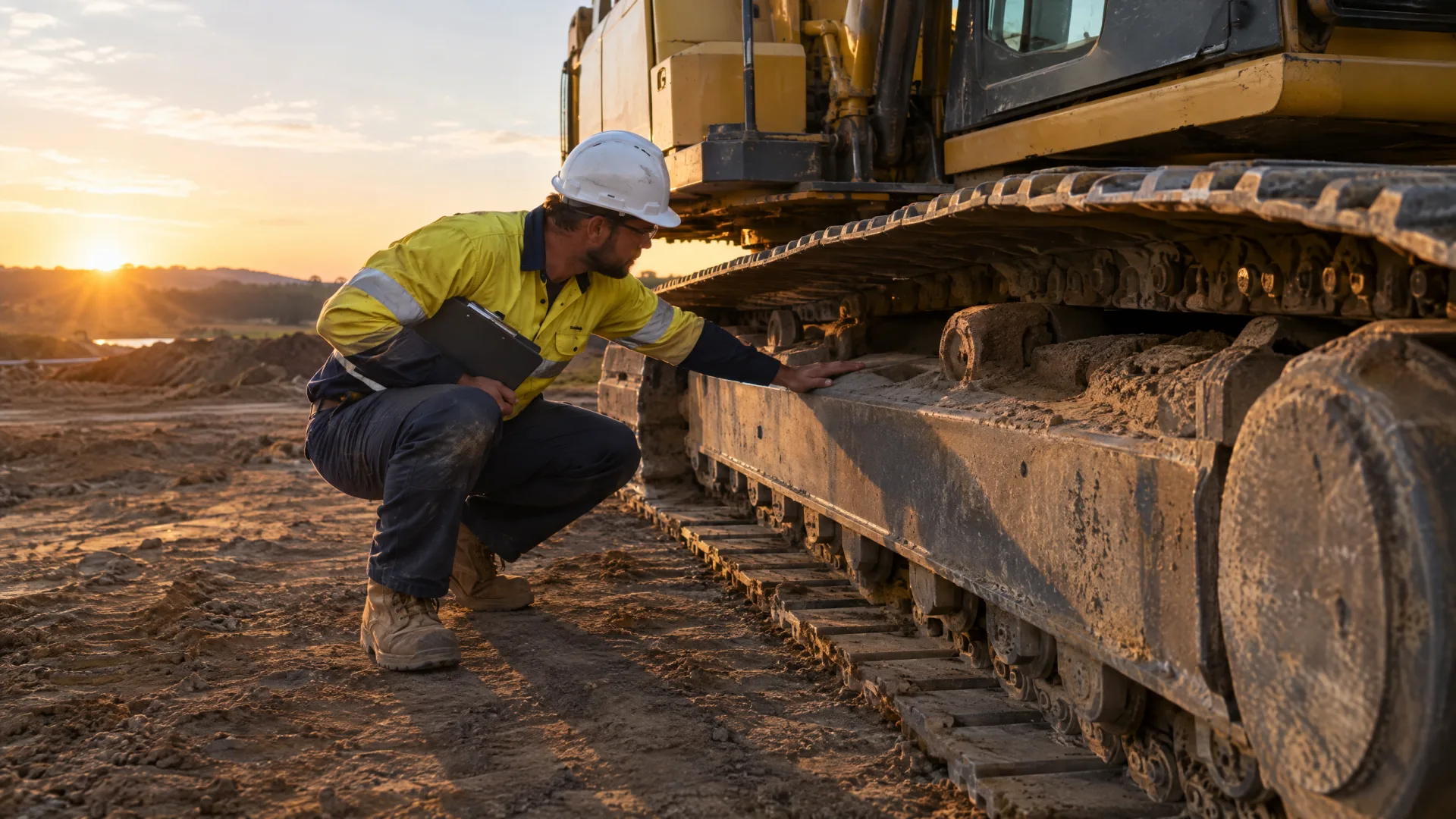 Plant operator crouching to inspect an excavator undercarriage during a prestart walk-around at dawn