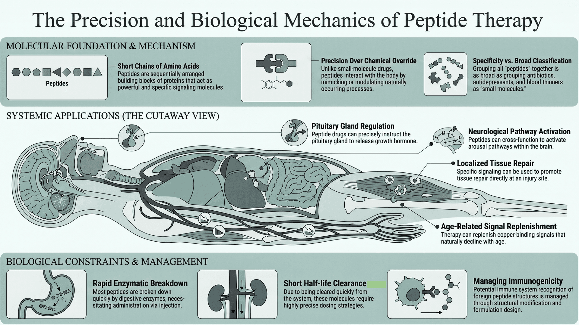Alt text should be:  * descriptive first * keyword-rich second * natuonpeps-Infographic explaining how therapeutic peptides work, including tissue repair, growth hormone signaling, neurological pathway activation, age-related repair signaling, rapid peptide breakdown, short half-life, and peptide drug injection requirements.