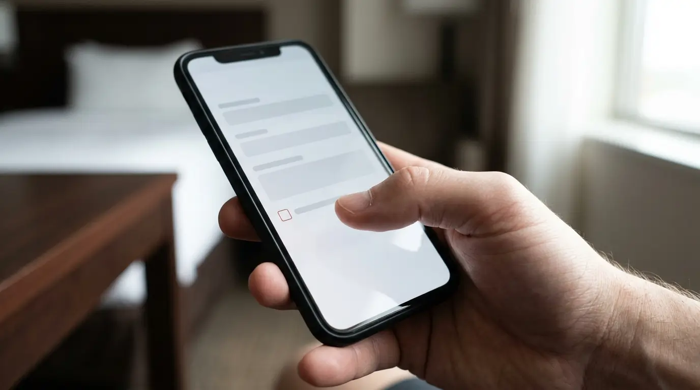 A hand holds a phone at a reading angle showing a simple form, with one small empty checkbox near the bottom and a thumb hovering just above it.