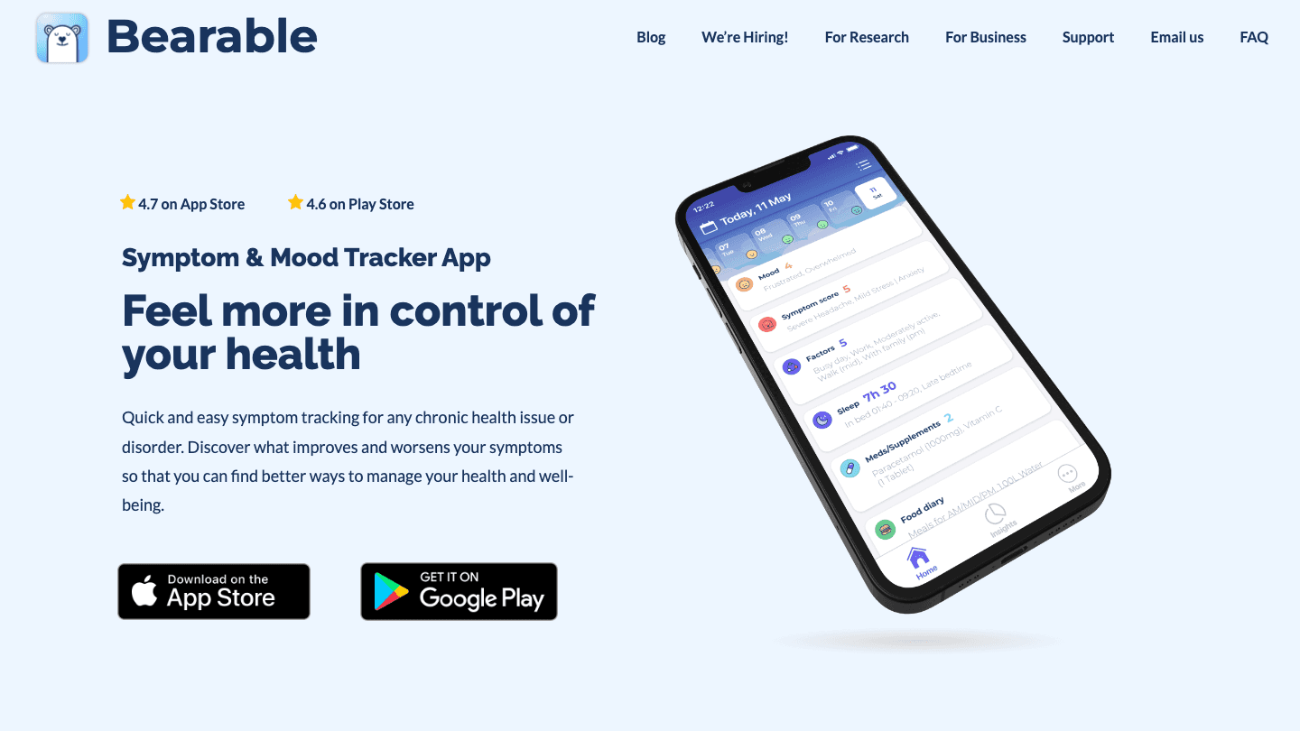 Bearable website showing the symptom and mood tracker