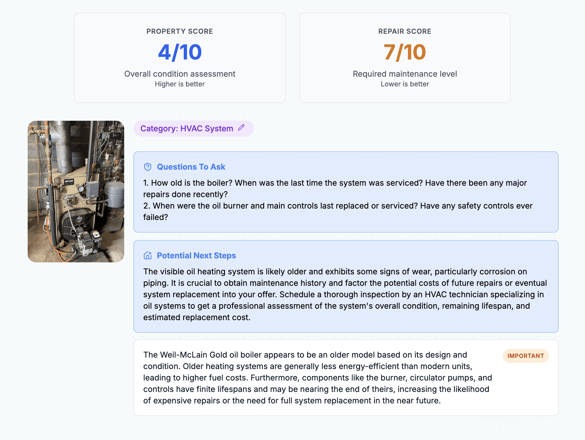 Overview of a property summary and property score from an AI home inspection using Pocket Punchlist