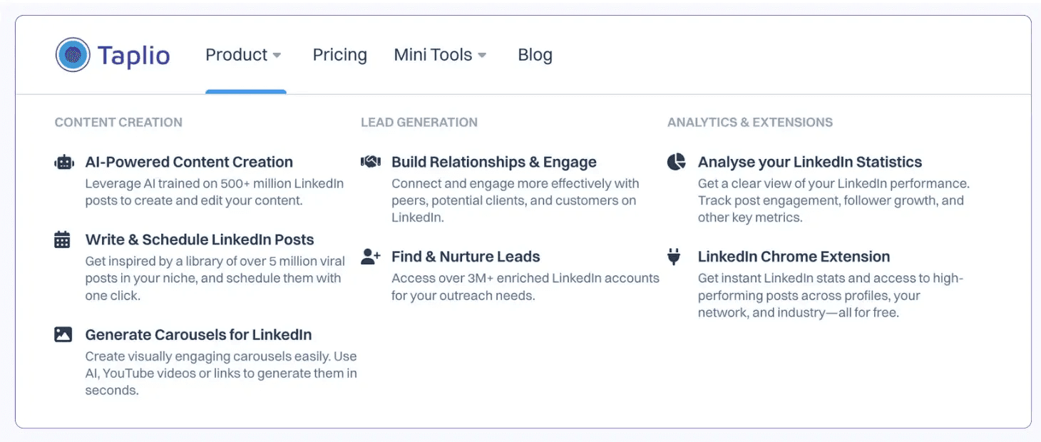 Taplio's menu of its free tools as an alterantive to kleo.so for LinkedIn content creation