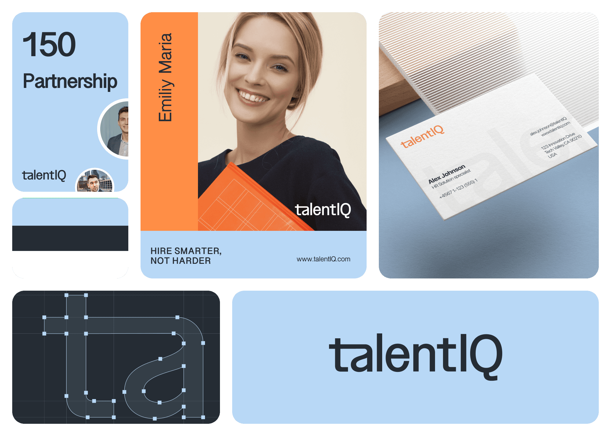 Friendly and professional branding for TalentIQ with clean typography, business cards, and promotional content.