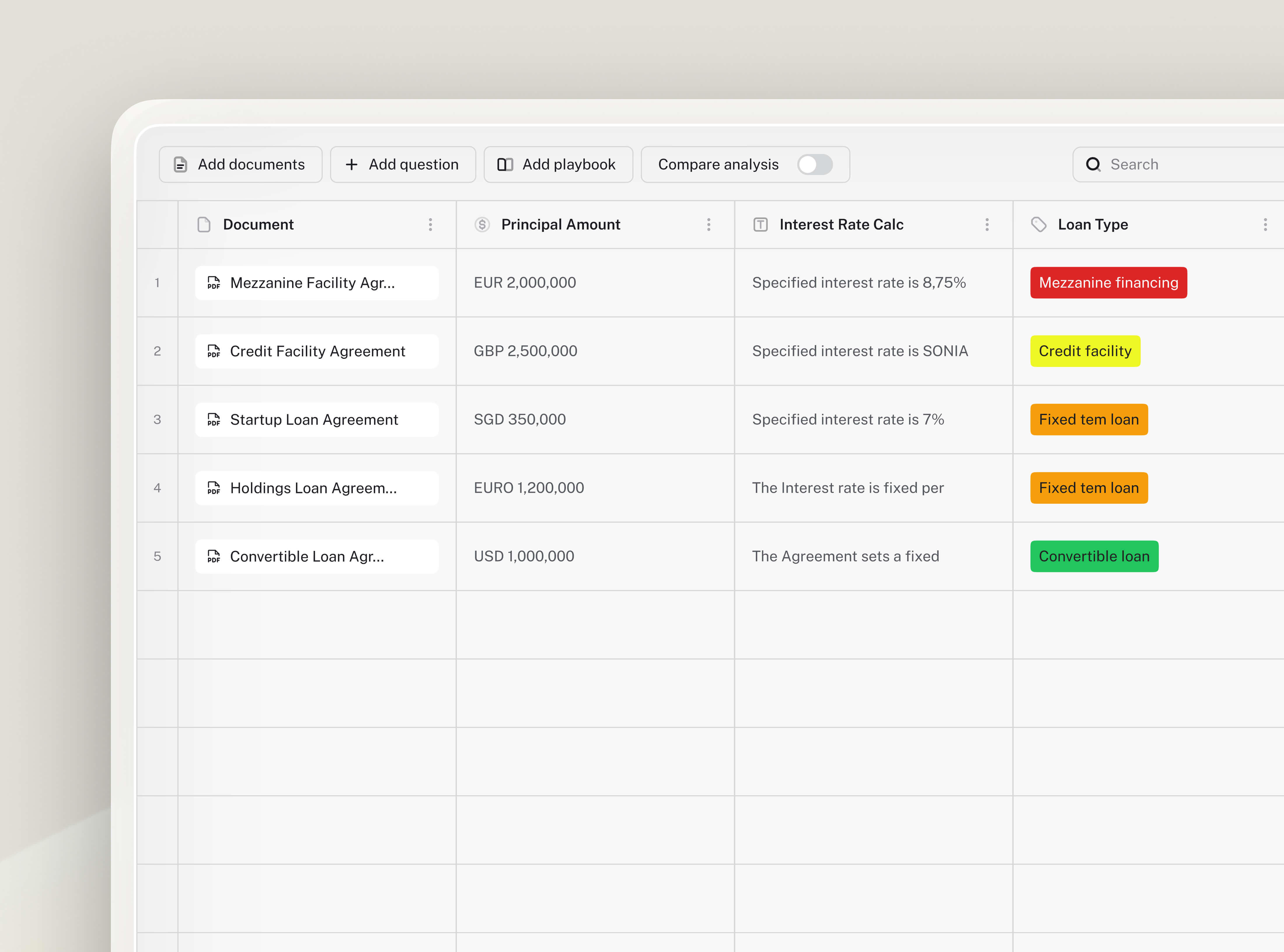 LEGALFLY playbooks extracting and comparing financial and legal terms across multiple loan agreements