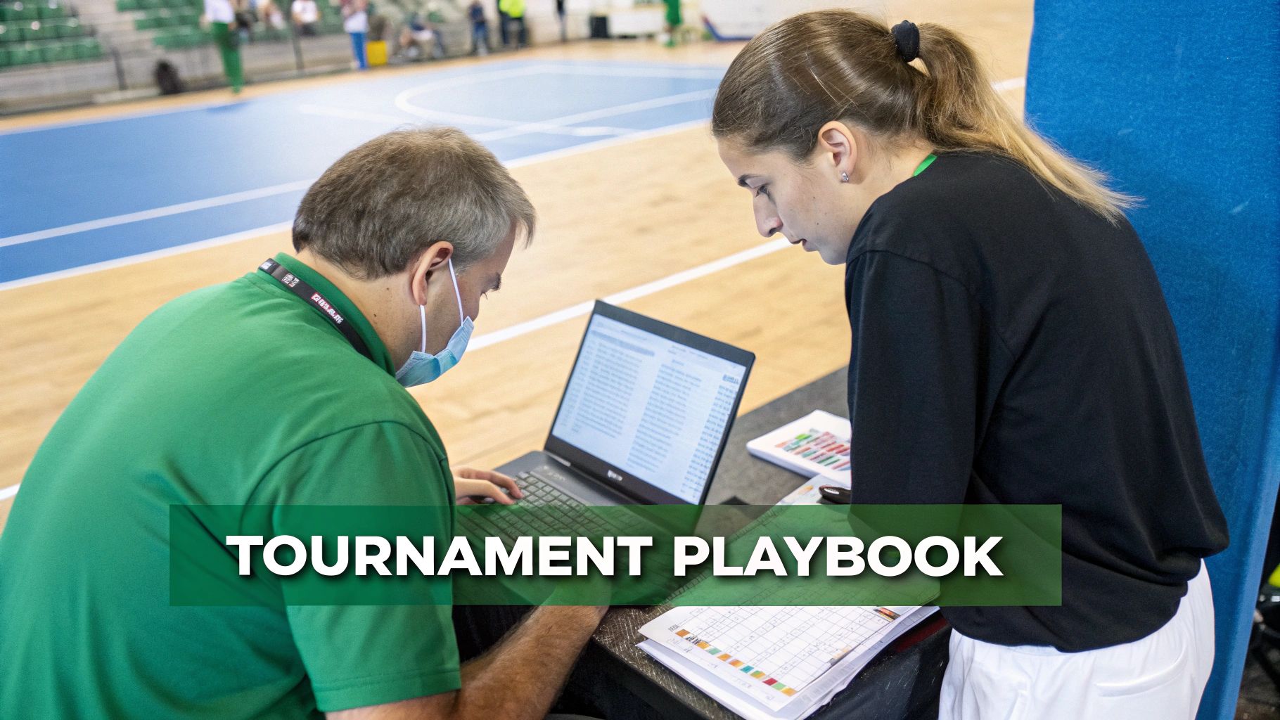 Two tournament officials meticulously review data on a laptop and paper documents at a sports event.