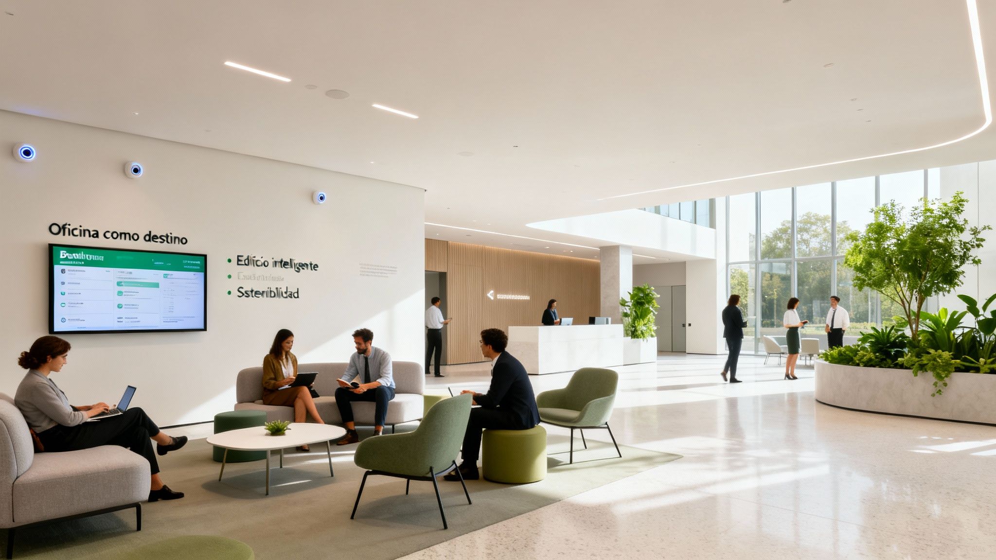 Vestíbulo de oficina moderno y luminoso con personas trabajando y en recepción, mucha luz natural.