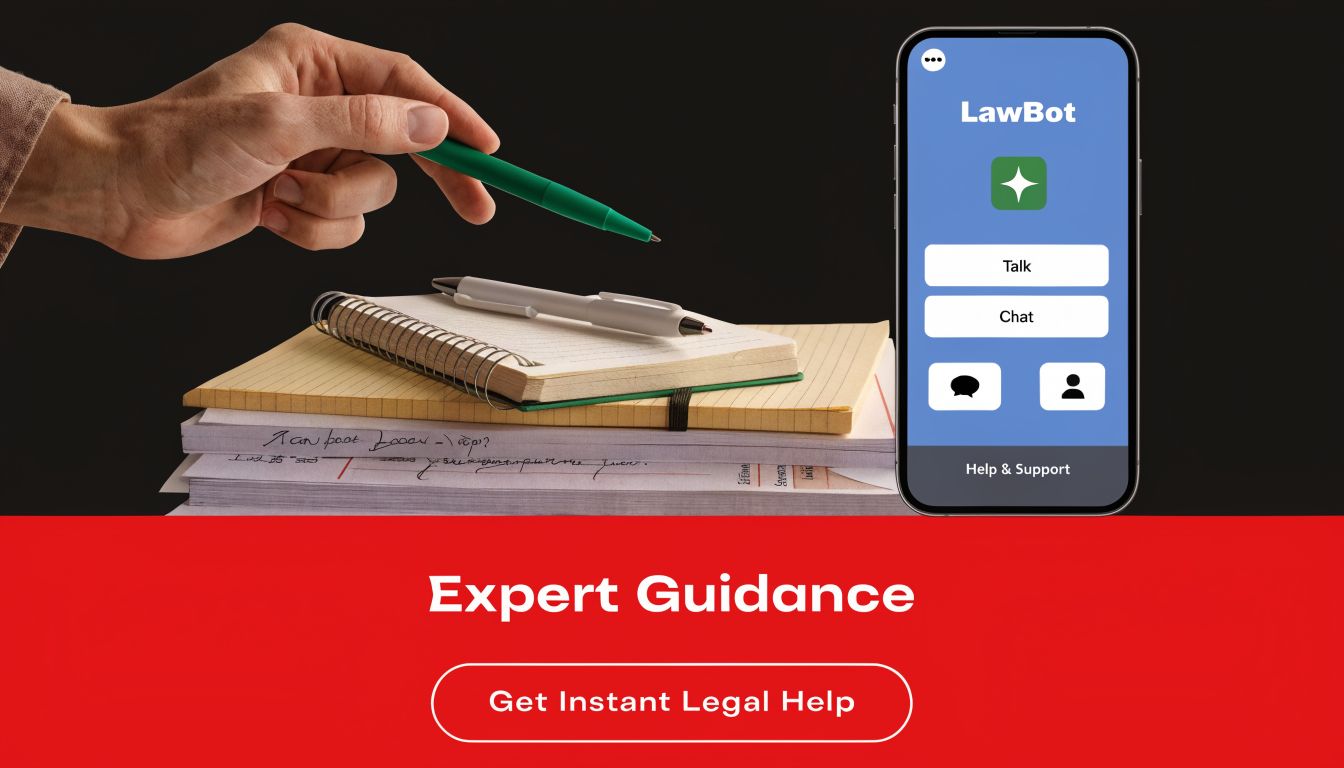 A smartphone app called LawBot offering instant legal guidance alongside a notebook and legal documents.