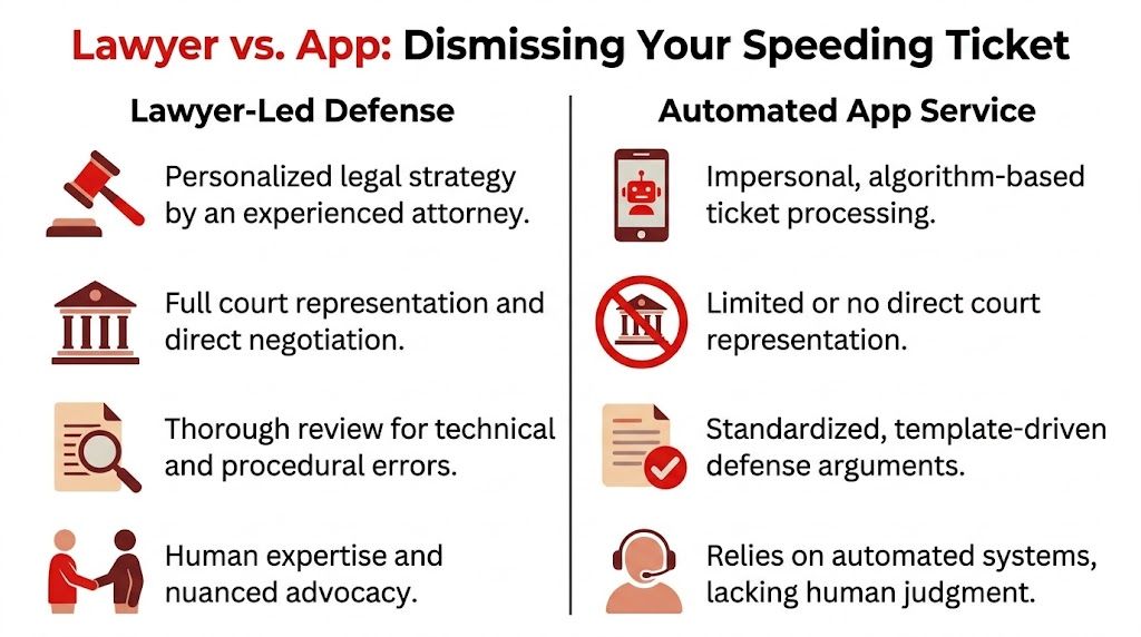 A comparison chart showing the differences between lawyer-led legal defense and automated app-based speeding ticket services.