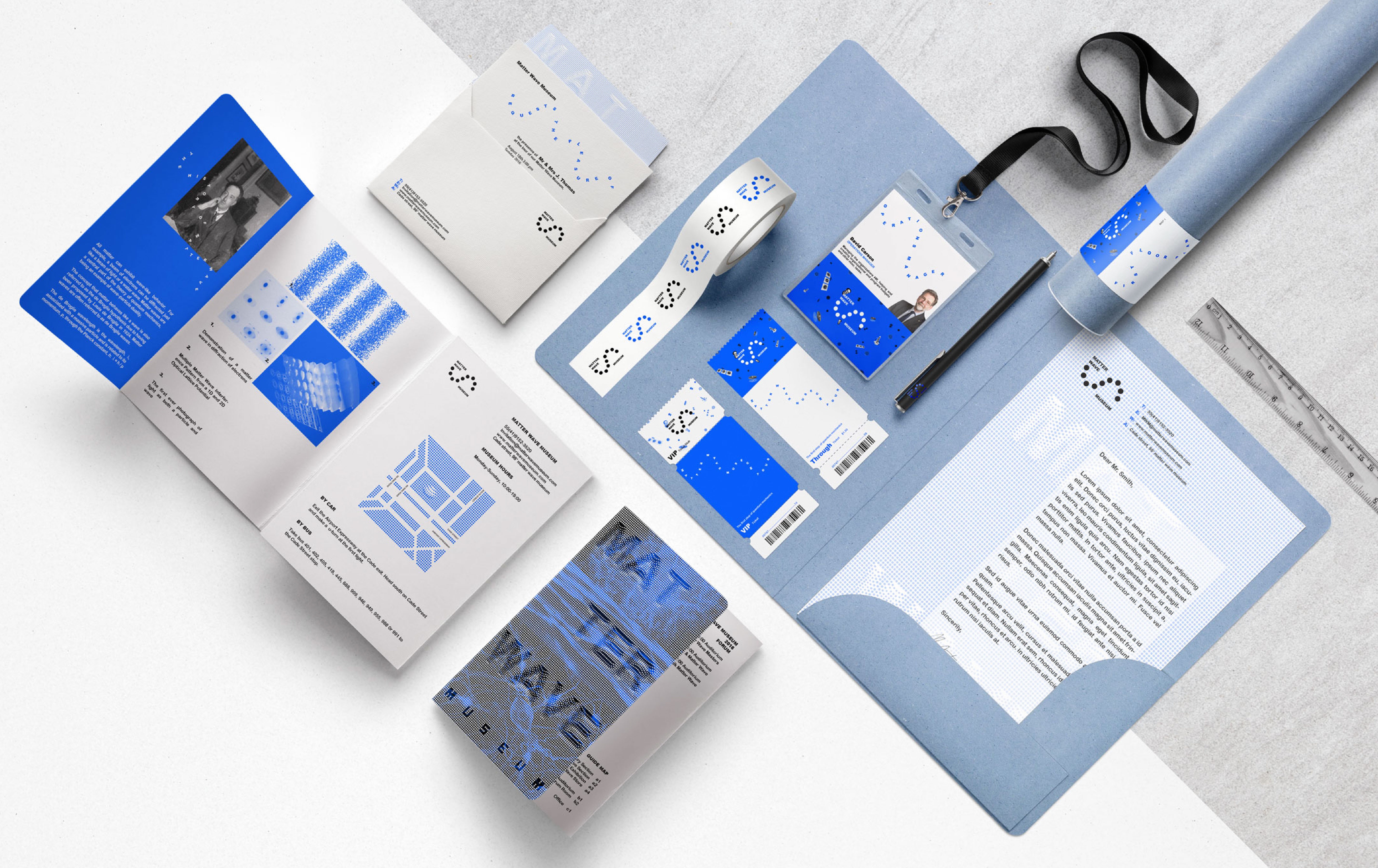 Sample of a firm logo design used on books, papers, stickers, cards and access passes.