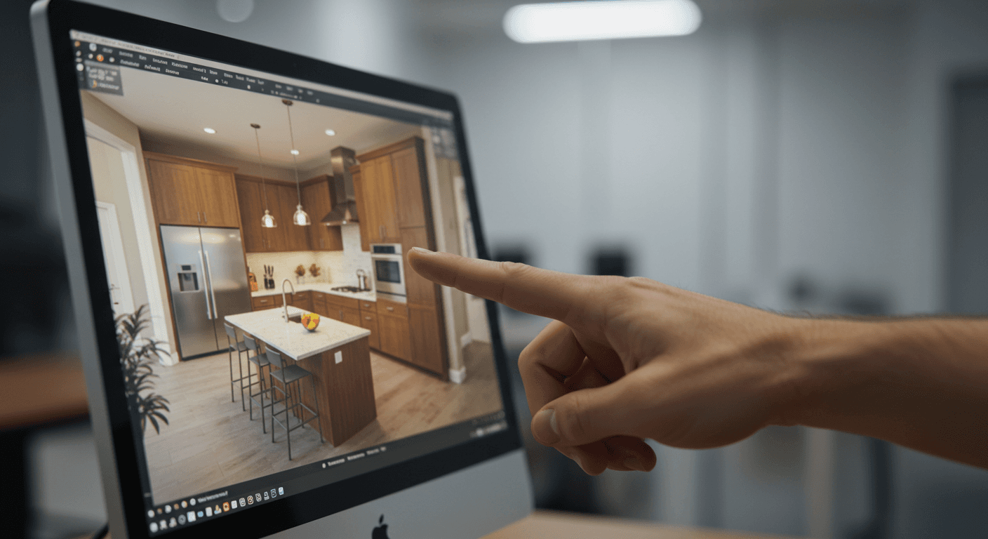 A hand pointing at a computer screen displaying a 3D model of a modern kitchen interior design.