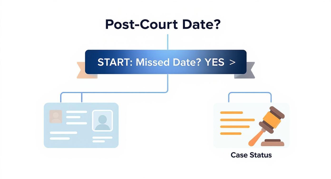 Flowchart for post-court date inquiries, starting with 'Missed Date? YES', leading to ID details or checking case status.