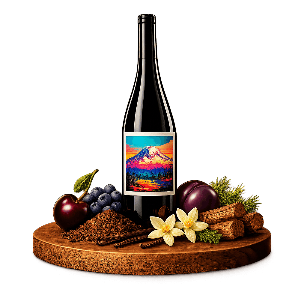 Artistic label and flavor profile for Washington Merlot on a rustic wooden table.