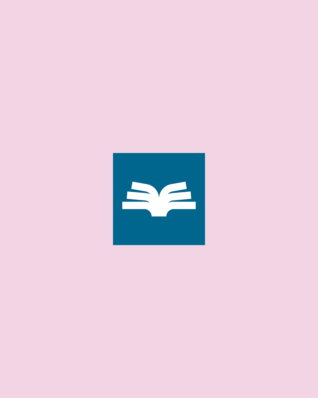Tutig brand identity showing the open book logomark in a blue square on a soft, pink background