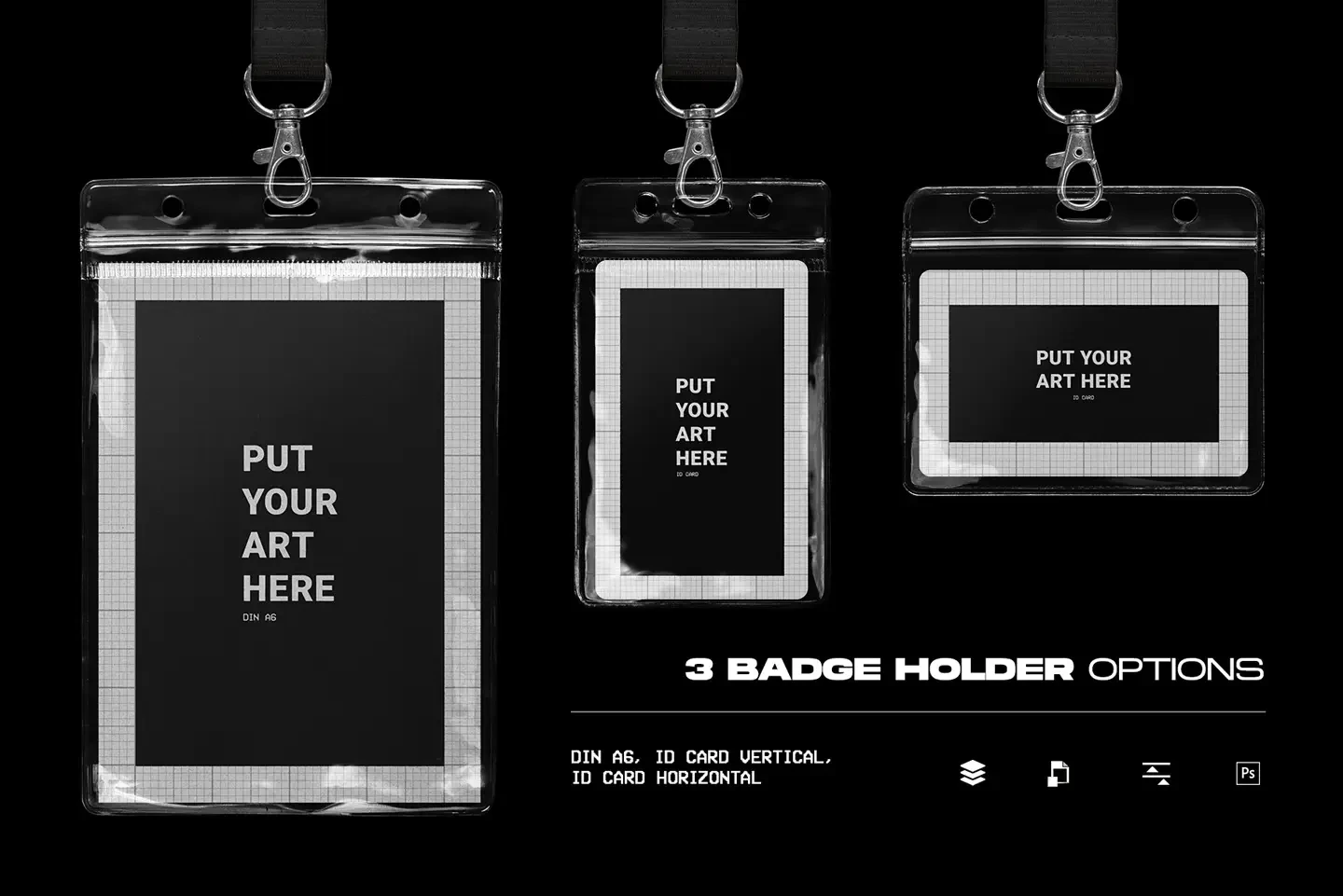 Three badge holder options including DIN A6, vertical ID card, and horizontal ID card formats
