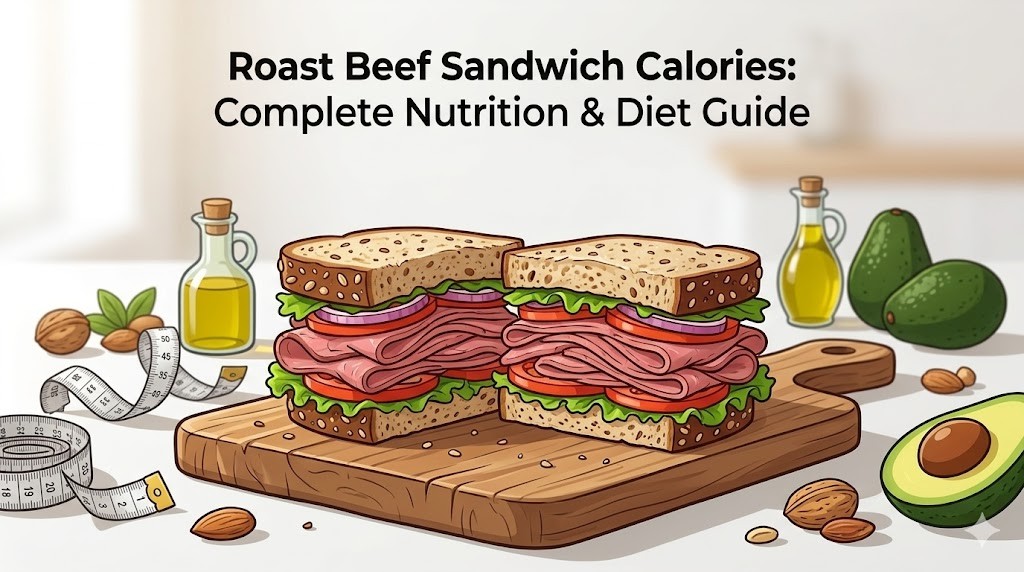Illustration of a roast beef sandwich sliced in half on a wooden cutting board with a measuring tape, avocado, nuts, and olive oil, titled "Roast Beef Sandwich Calories: Complete Nutrition & Diet Guide"