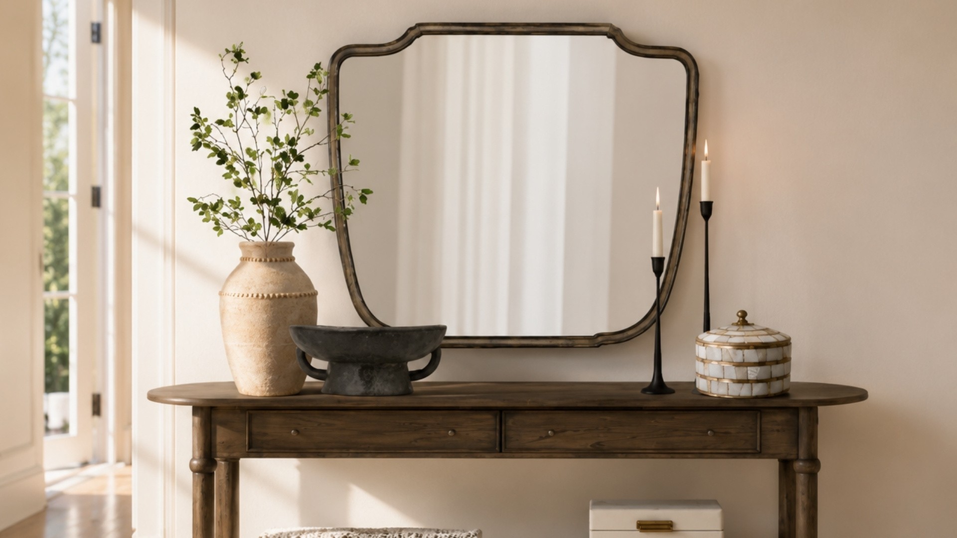 Vintage decor, large mirror and beautifully styled wood console table